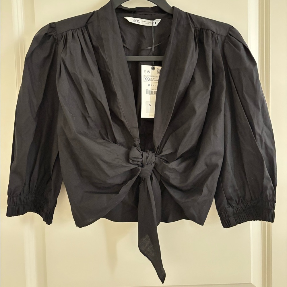 Zara Black Puff Sleeve Blouse with Tie Front